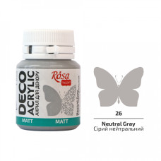 Акрил для декору, Сірий нейтральний, мат, 20 мл, ROSA Talent, 20026