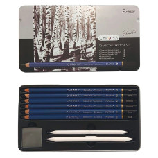 Олівці вугільні Chroma, 6 шт+2 розтуш+гумка, метал. пенал, Marco, 1041-9TN