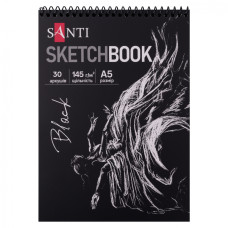 Альбом для графіки на спіралі, А5, 30 арк, 145г/м2, чорний папір, Santi, 743242